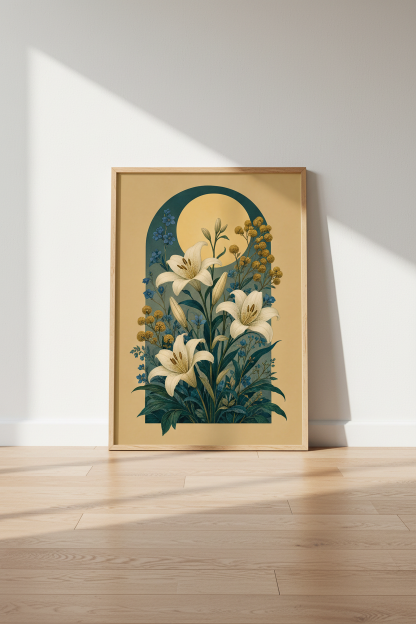 Vintage White Lily Wall Art | Botanical Floral Poster | Art Nouveau Bedroom Decor