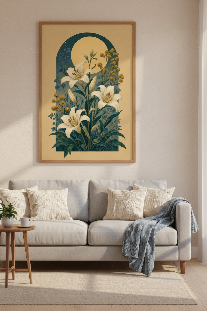 Vintage White Lily Wall Art | Botanical Floral Poster | Art Nouveau Bedroom Decor