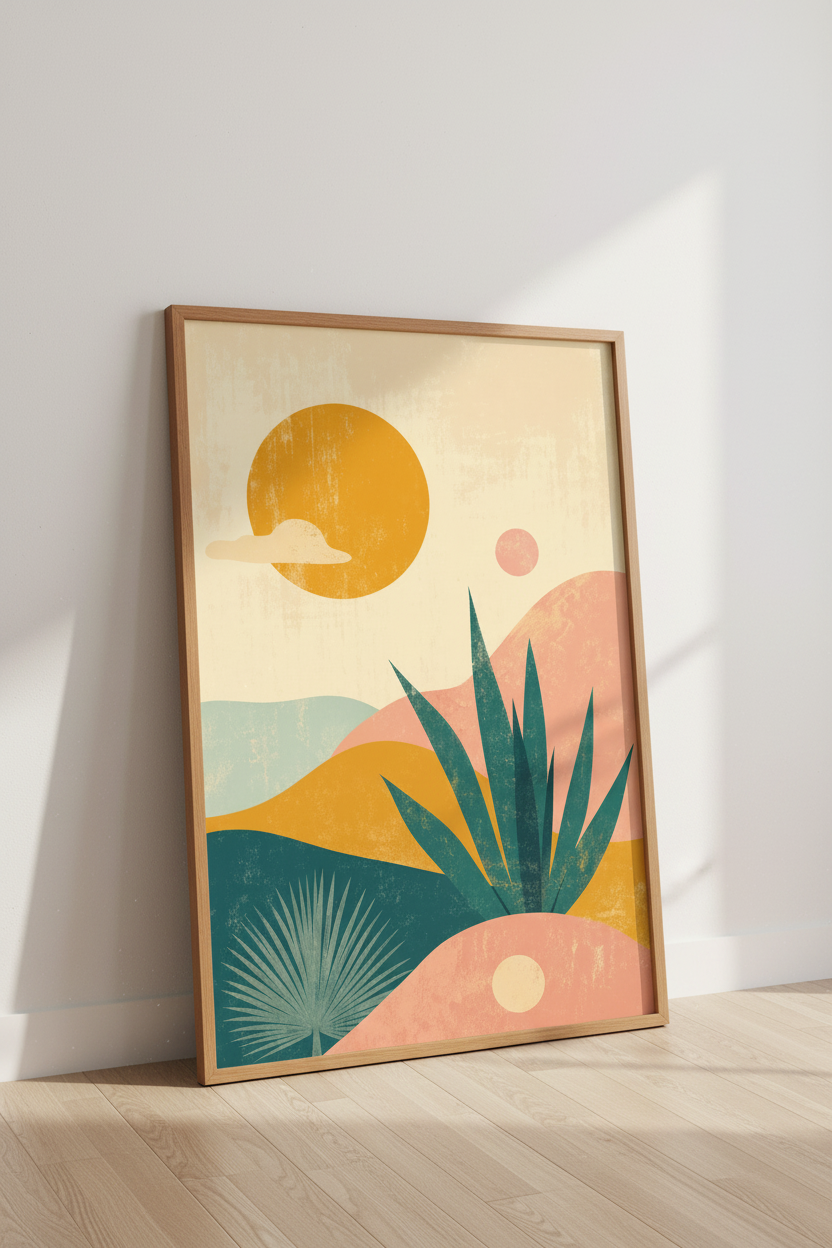 Desert Landscape Wall Art | Boho Abstract Sun Poster, Mid Century Modern Decor