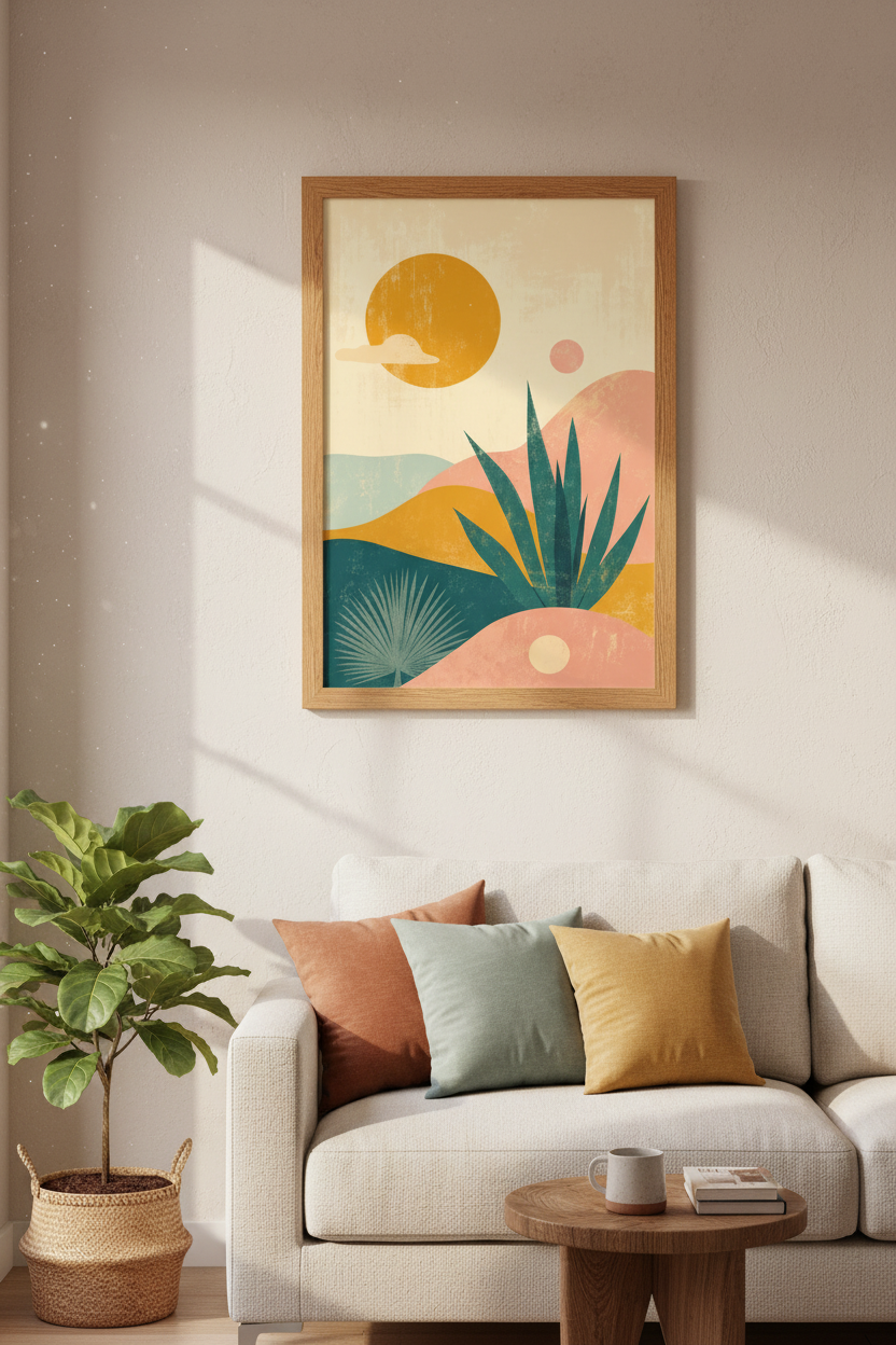 Desert Landscape Wall Art | Boho Abstract Sun Poster, Mid Century Modern Decor
