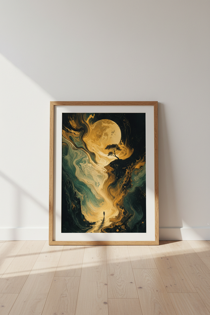 Gold Moon &amp; Swirl Landscape | Abstract Surreal Art Print, Modern Living Room Decor