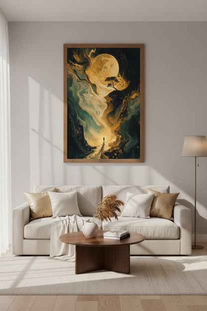 Gold Moon &amp; Swirl Landscape | Abstract Surreal Art Print, Modern Living Room Decor