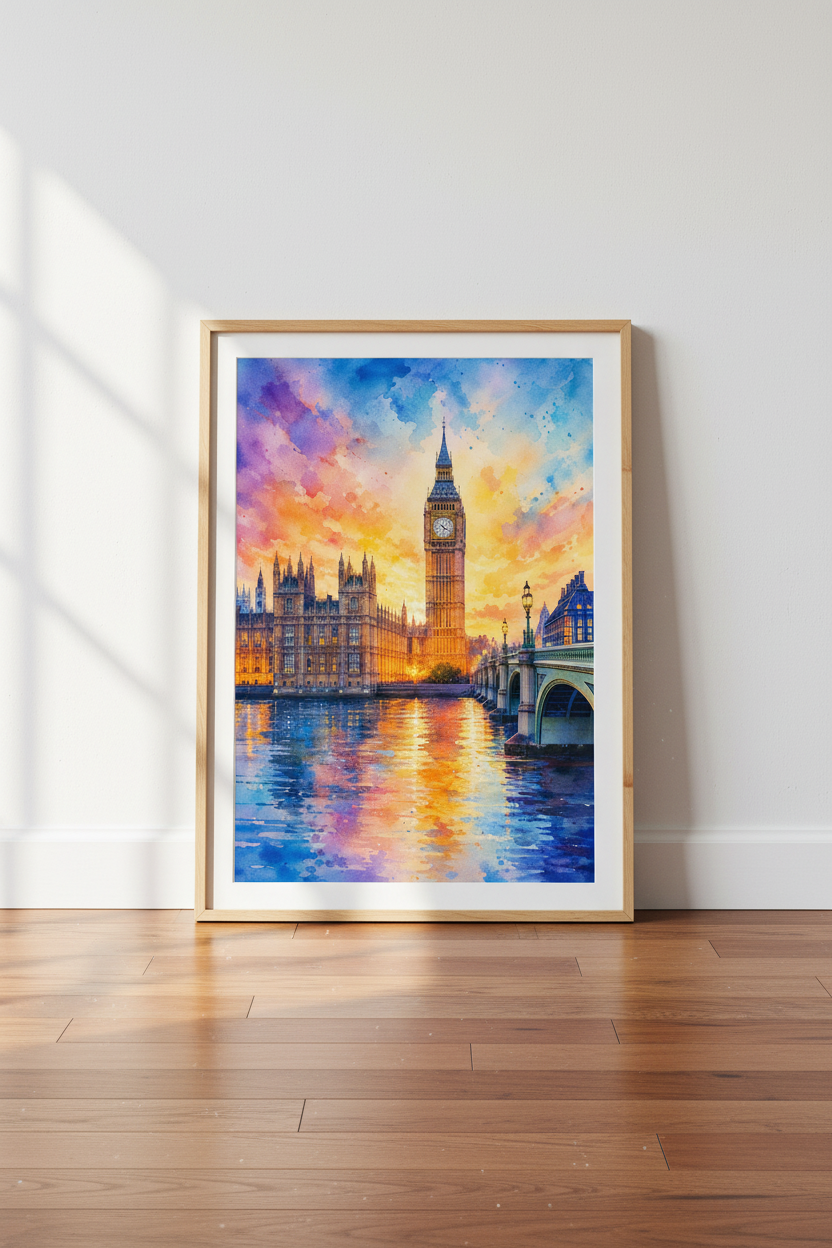 Big Ben London Watercolor Art | Sunset Cityscape Print, Living Room Decor