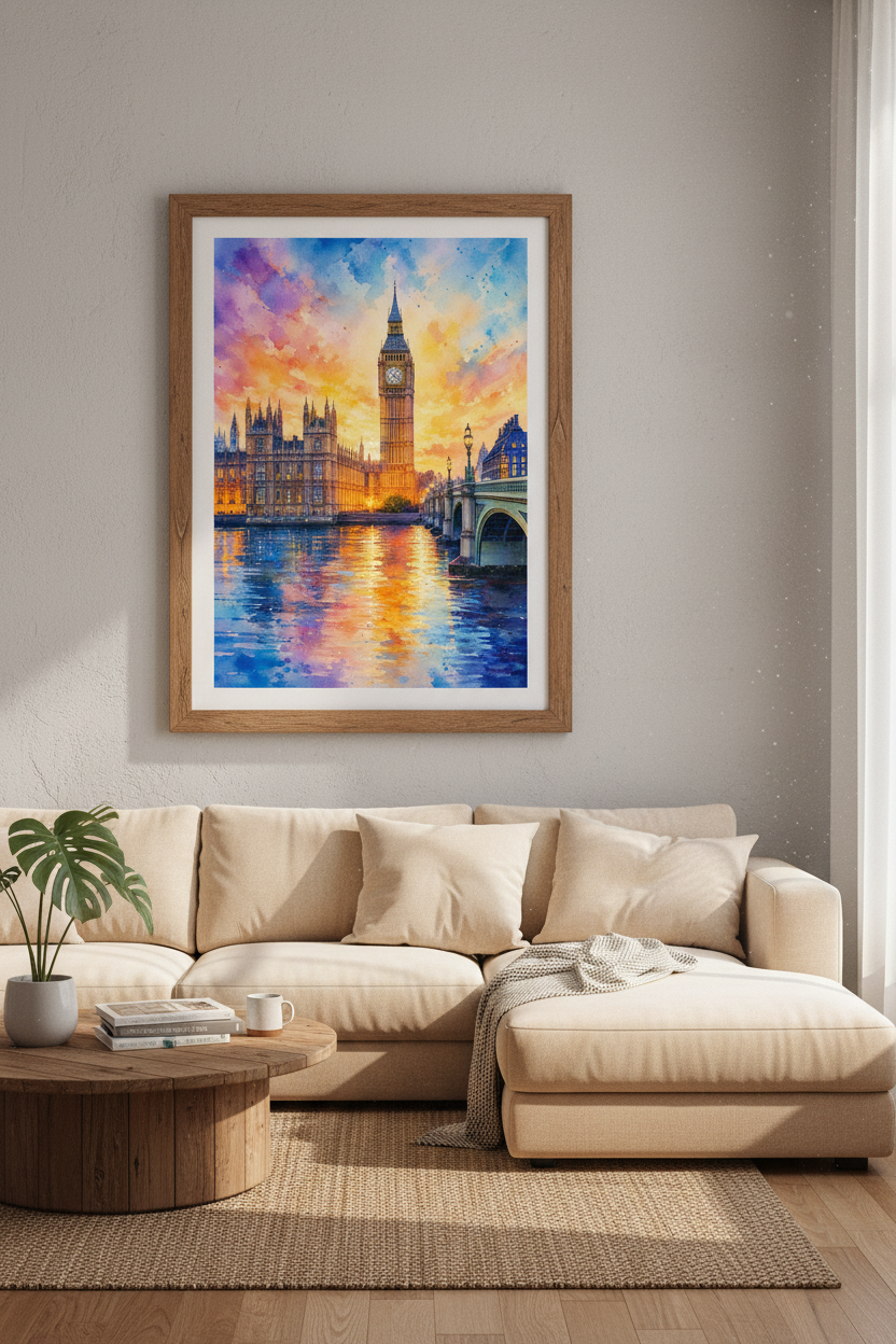 Big Ben London Watercolor Art | Sunset Cityscape Print, Living Room Decor