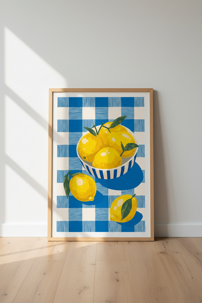 Lemon Bowl Still Life Print | Blue Gingham Kitchen Decor | Mediterranean Art