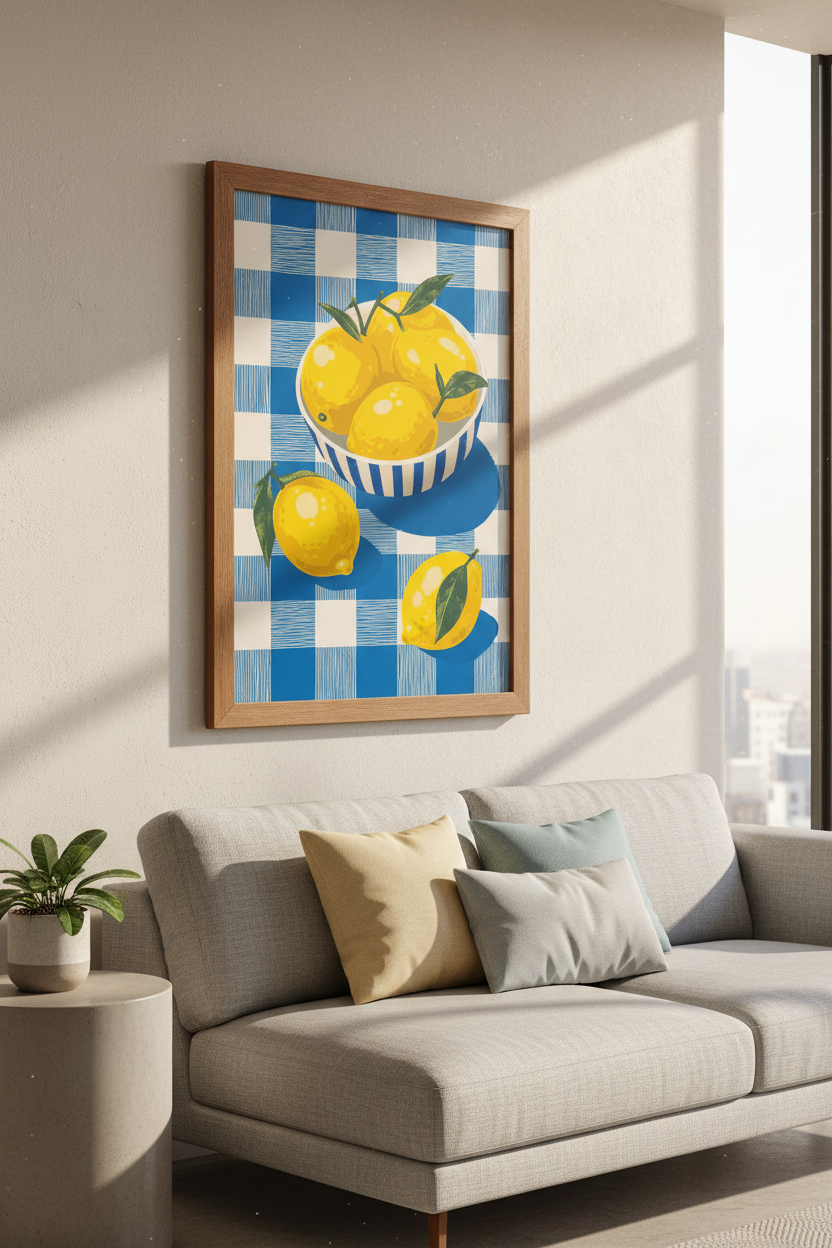 Lemon Bowl Still Life Print | Blue Gingham Kitchen Decor | Mediterranean Art