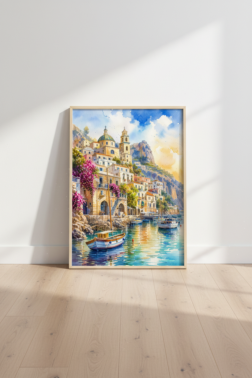 Amalfi Coast Watercolor | Italy Seascape Print, Mediterranean Coastal Wall Decor