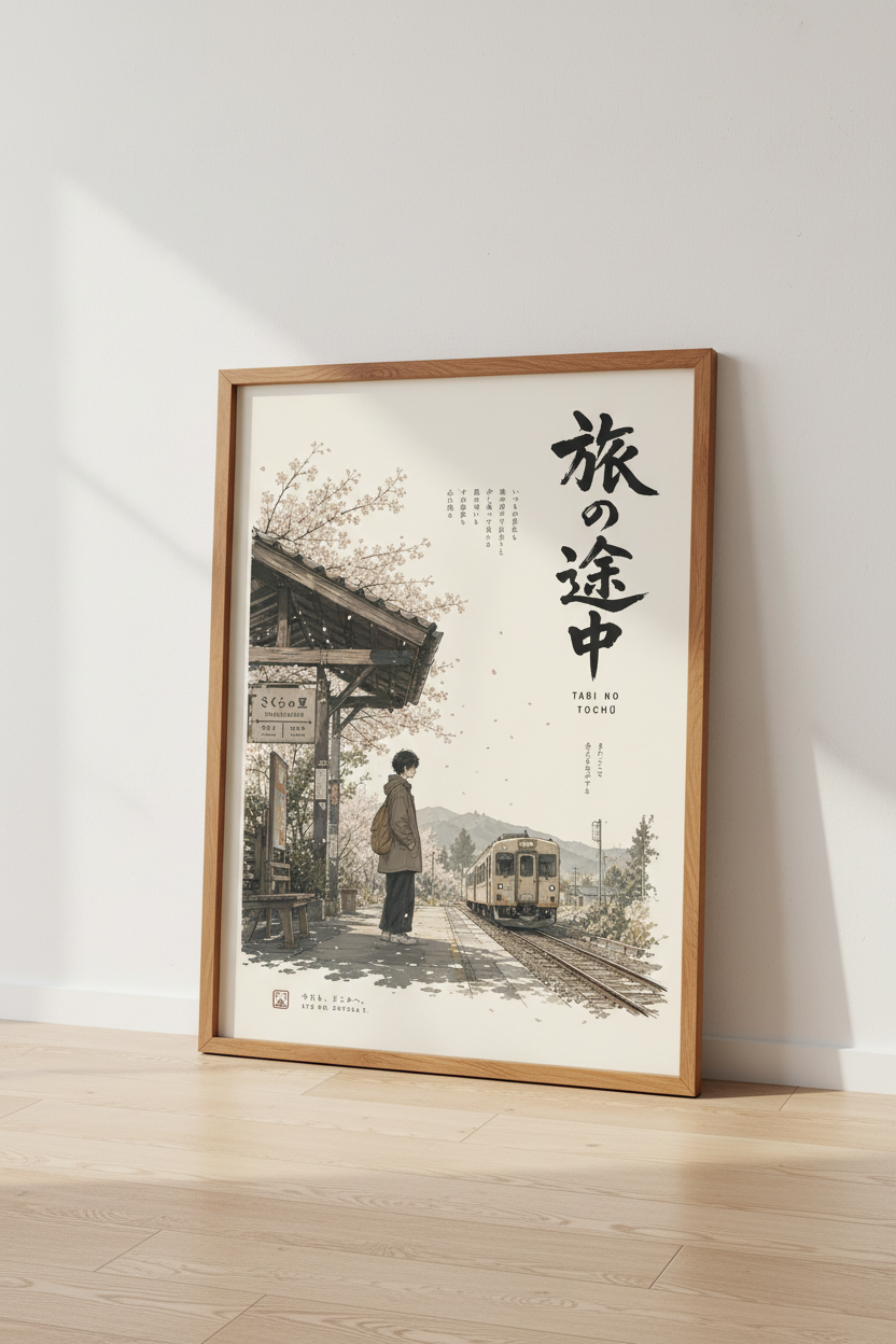 Japanese Anime Train Station Art | Lofi Cherry Blossom Poster, Minimalist Decor