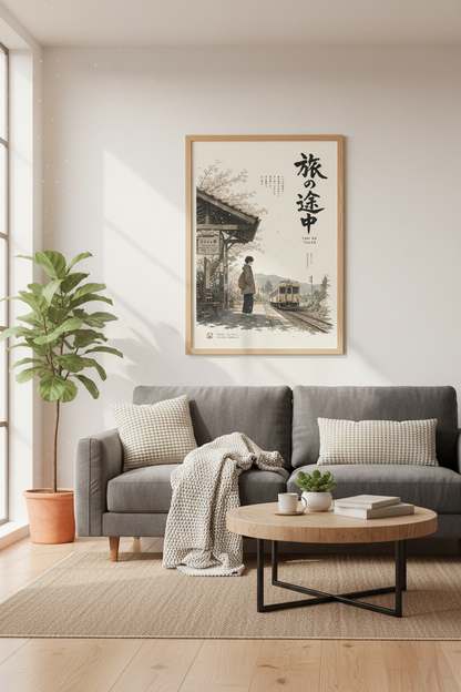 Japanese Anime Train Station Art | Lofi Cherry Blossom Poster, Minimalist Decor