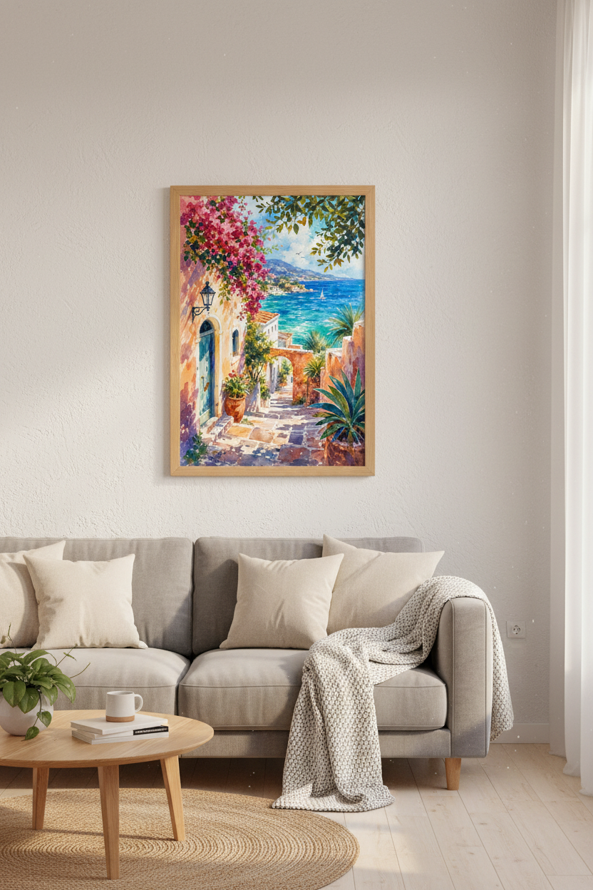 Coastal Mediterranean Village Wall Art Print | Seaside Watercolor | Boho Summer Decor