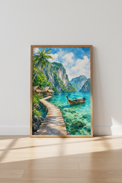 Thailand Tropical Beach Watercolor Print | Coastal Island Decor | Travel Poster