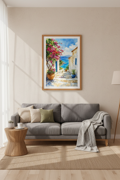 Mediterranean Coastal Village Art | Watercolor Blue &amp; Pink, Greek Home Decor