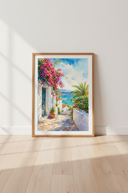 Mediterranean Coastal Watercolor Print | Greek Island Bougainvillea, Beach House Decor