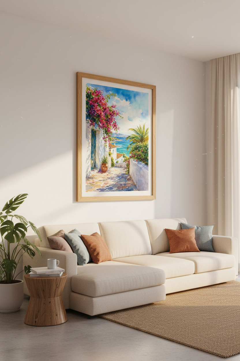 Mediterranean Coastal Watercolor Print | Greek Island Bougainvillea, Beach House Decor