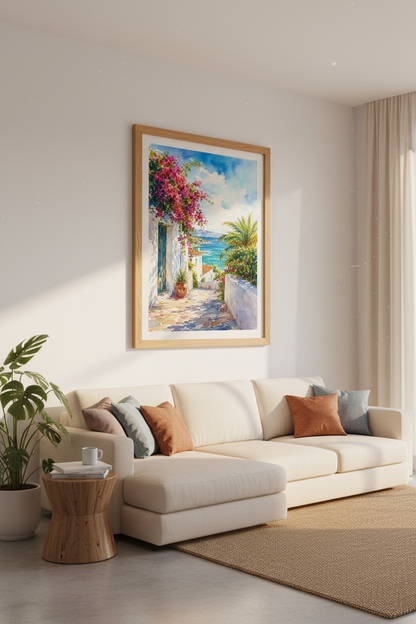 Mediterranean Coastal Watercolor Print | Greek Island Bougainvillea, Beach House Decor