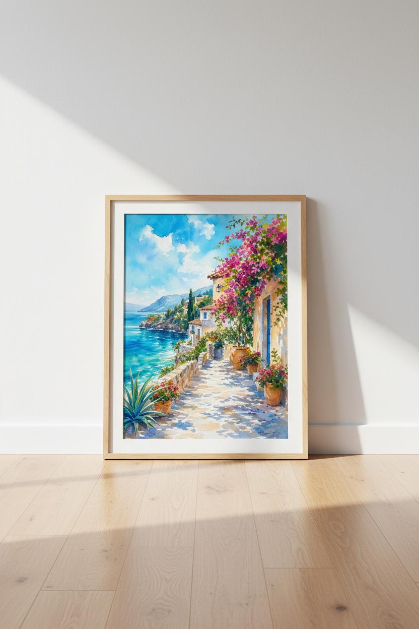 Coastal Mediterranean Village Wall Art | Watercolor Greek Decor | Bougainvillea Poster