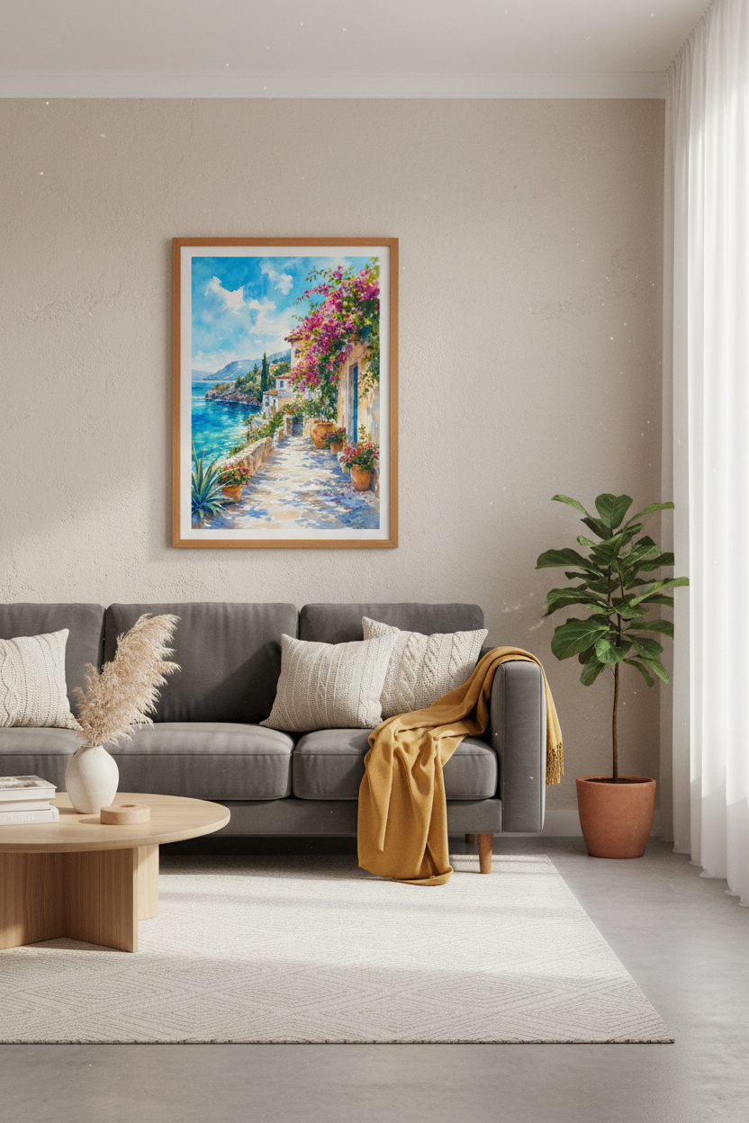Coastal Mediterranean Village Wall Art | Watercolor Greek Decor | Bougainvillea Poster