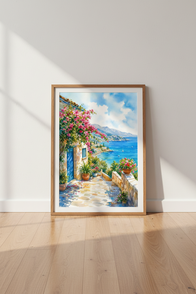 Mediterranean Coastal Village Watercolor | Blue &amp; Pink Sea View, Beach House Decor Poster