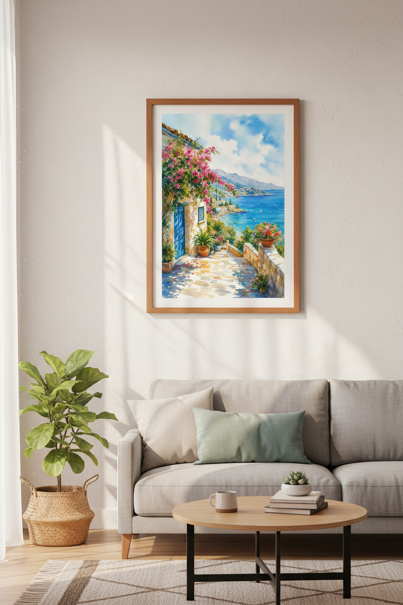 Mediterranean Coastal Village Watercolor | Blue &amp; Pink Sea View, Beach House Decor Poster