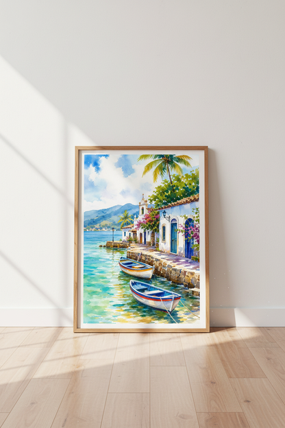 Coastal Village Watercolor Wall Art | Mediterranean Sea Decor | Beach House Poster