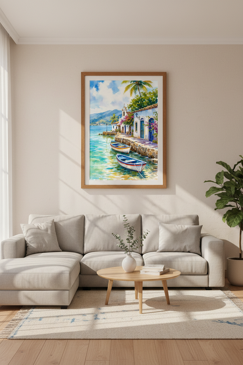 Coastal Village Watercolor Wall Art | Mediterranean Sea Decor | Beach House Poster