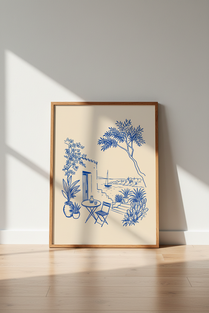 Greece Coastal Scene Art | Blue Line Sketch Mediterranean Decor | Minimalist Poster
