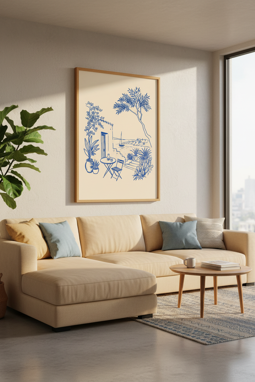 Greece Coastal Scene Art | Blue Line Sketch Mediterranean Decor | Minimalist Poster