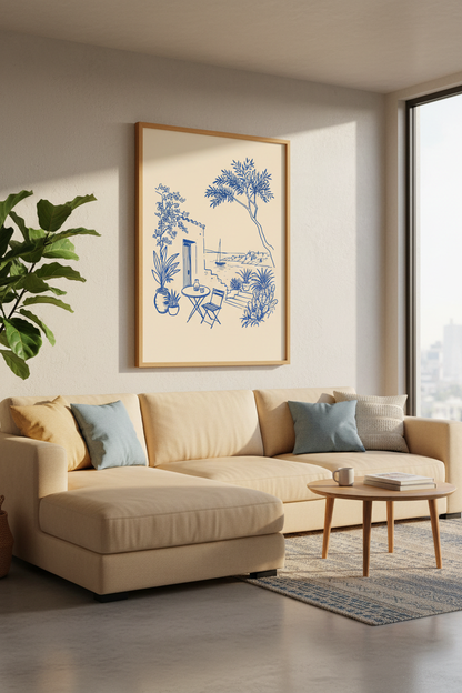 Greece Coastal Scene Art | Blue Line Sketch Mediterranean Decor | Minimalist Poster