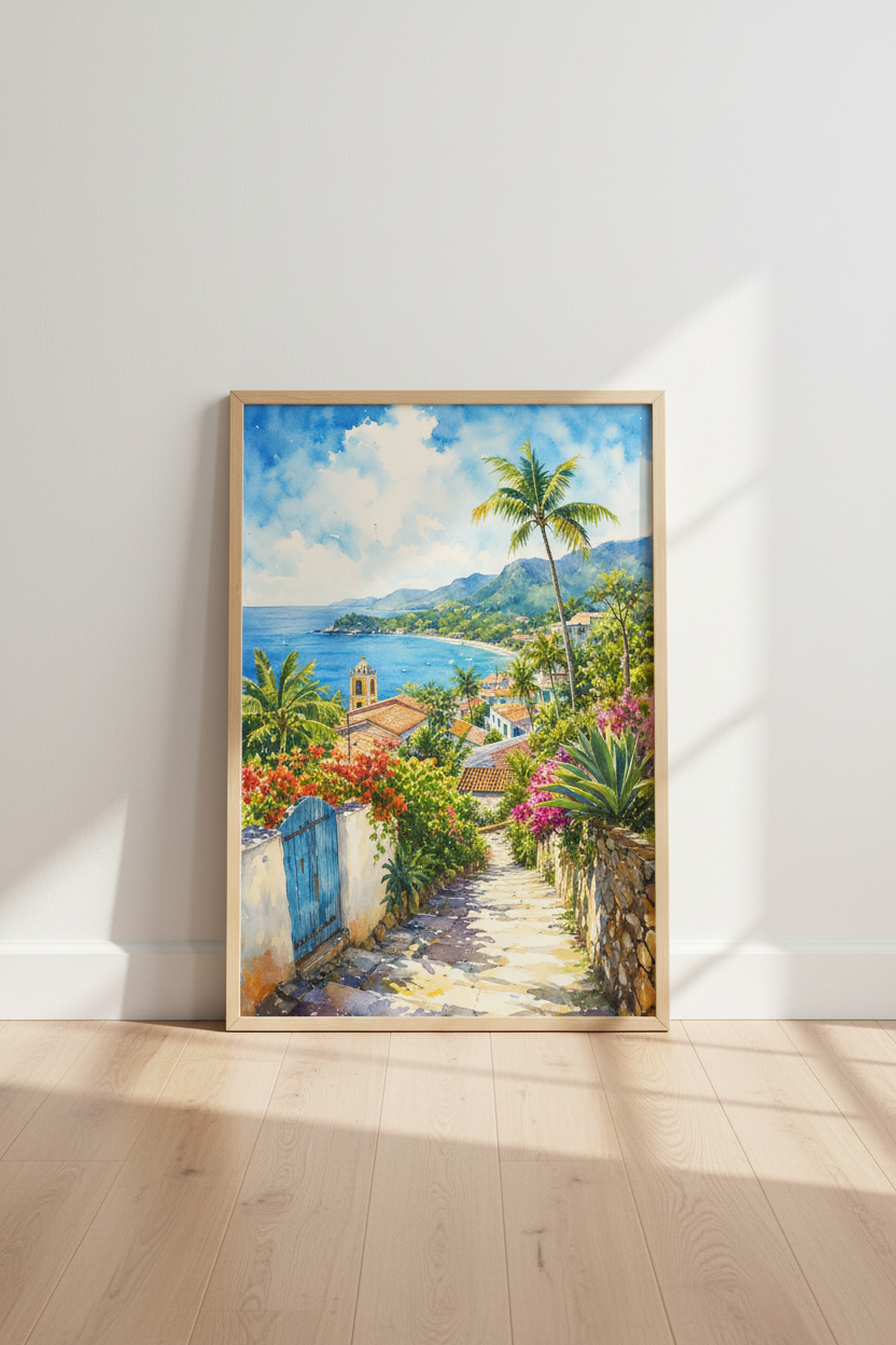 Mediterranean Coastal Path Watercolor | Tropical Seascape Print, Beach House Decor