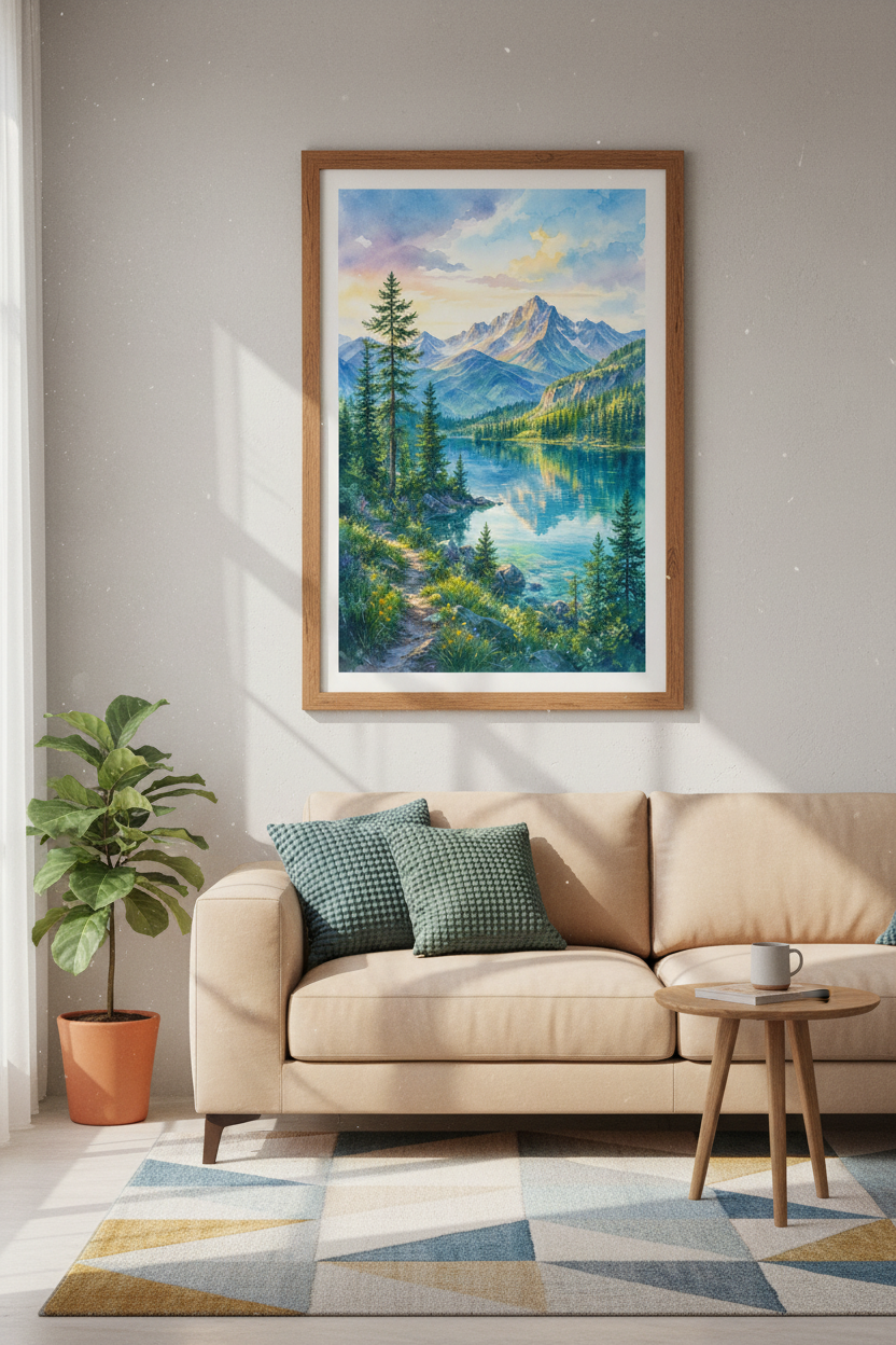 Mountain Lake Watercolor Wall Art | Alpine Landscape Print | Blue Nature Decor