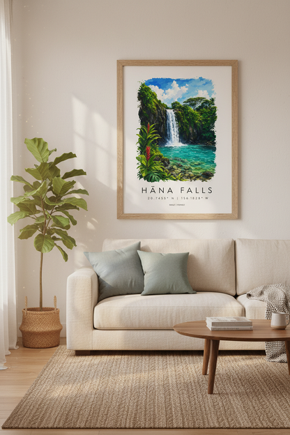 Hana Falls Maui Travel Poster | Tropical Waterfall Wall Art | Hawaii Landscape Print