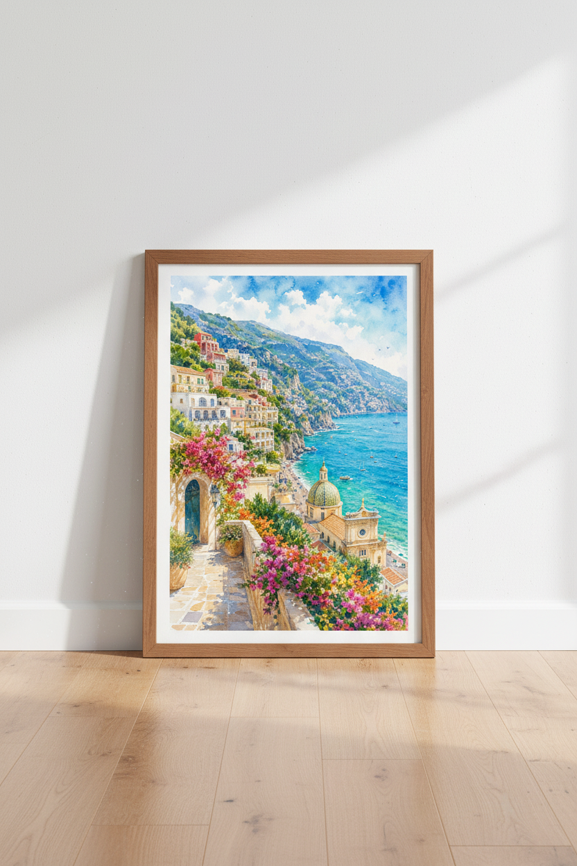 Amalfi Coast Art | Positano Italy Watercolor Print, Coastal Living Room Decor