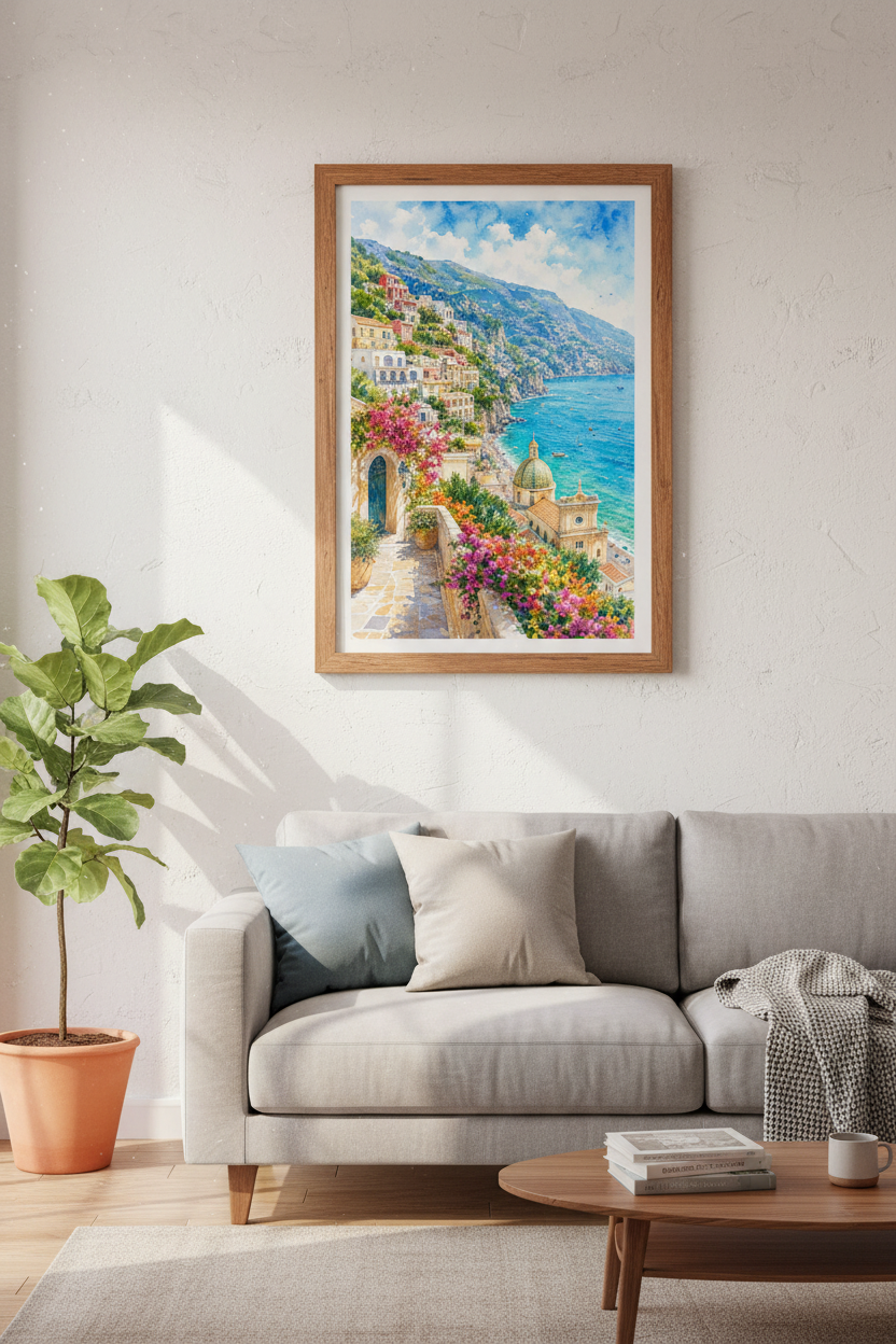 Amalfi Coast Art | Positano Italy Watercolor Print, Coastal Living Room Decor