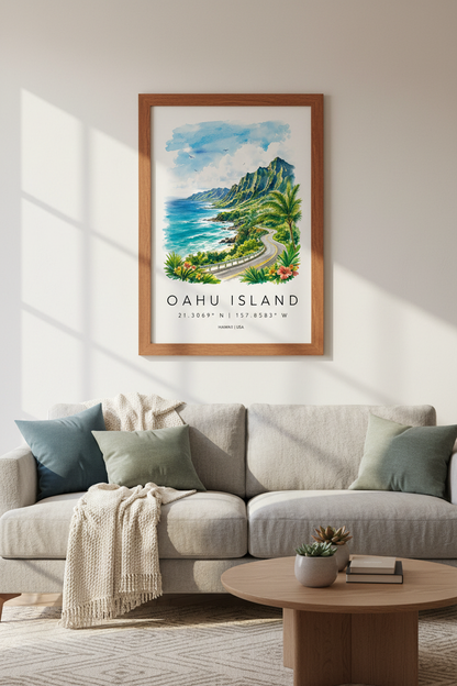 Oahu Island Watercolor Art Print | Hawaii Coastal Decor | Tropical Travel Poster