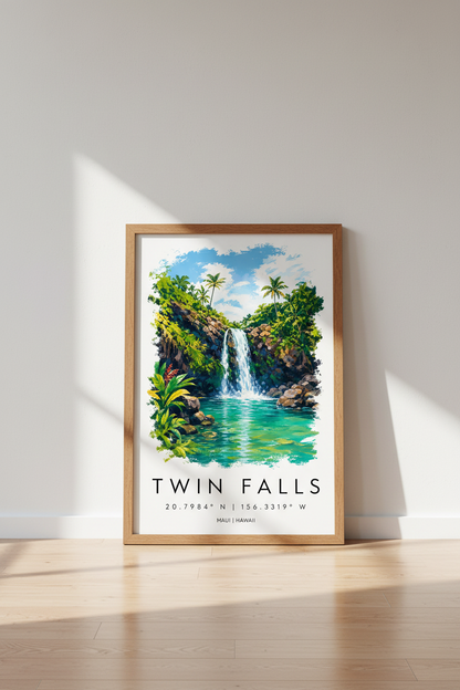 Twin Falls Maui Hawaii Wall Art | Tropical Waterfall Poster, Coastal Living Room Decor