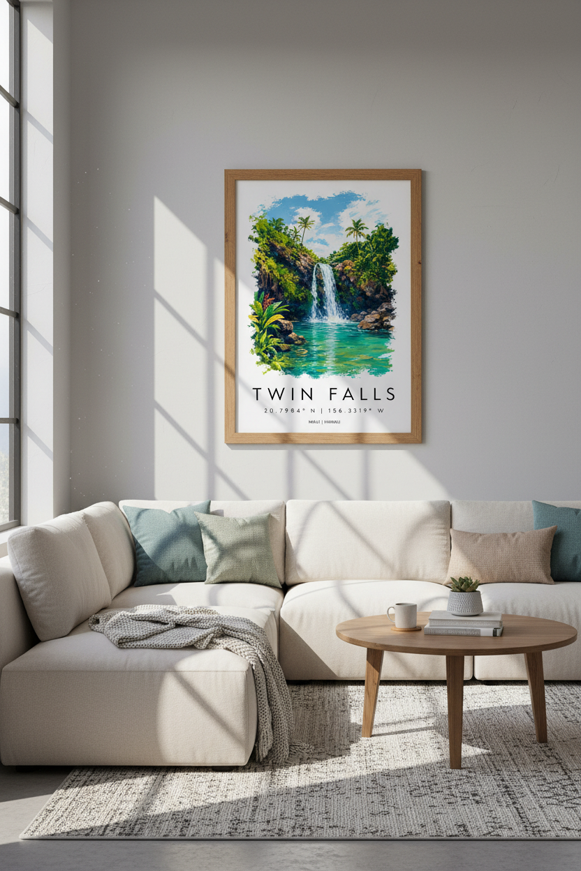 Twin Falls Maui Hawaii Wall Art | Tropical Waterfall Poster, Coastal Living Room Decor