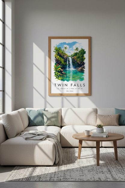 Twin Falls Maui Hawaii Wall Art | Tropical Waterfall Poster, Coastal Living Room Decor