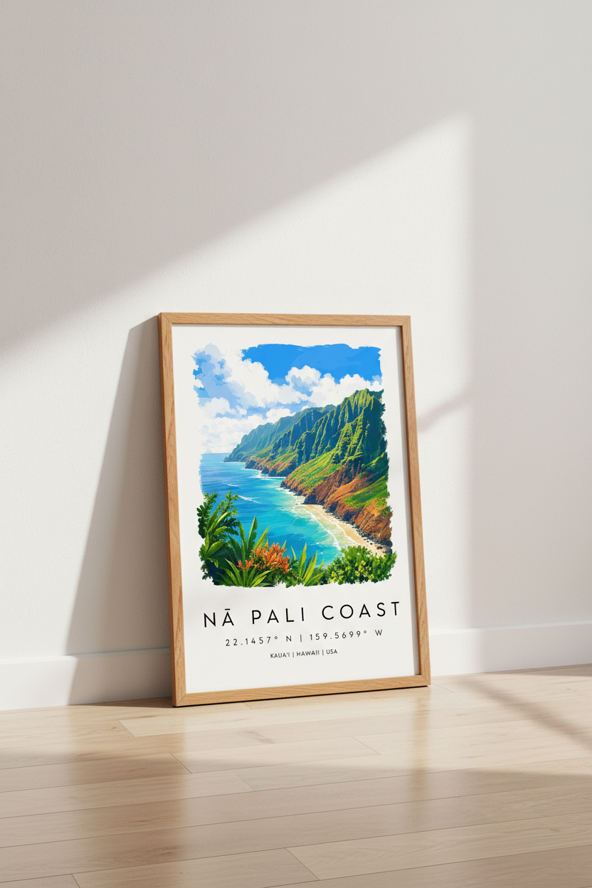 Na Pali Coast Hawaii Travel Poster | Kauai Landscape Wall Art | Tropical Beach Decor