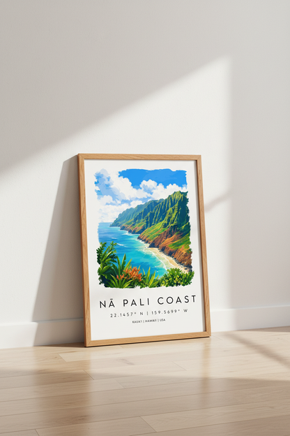 Na Pali Coast Hawaii Travel Poster | Kauai Landscape Wall Art | Tropical Beach Decor