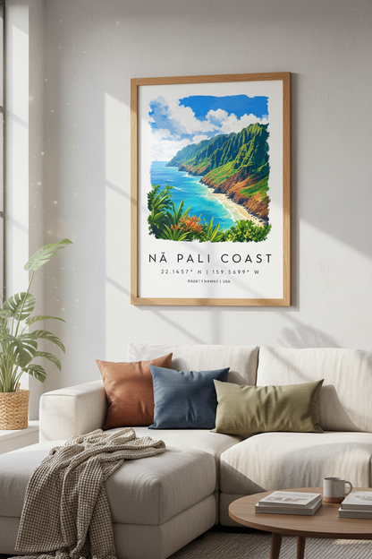 Na Pali Coast Hawaii Travel Poster | Kauai Landscape Wall Art | Tropical Beach Decor