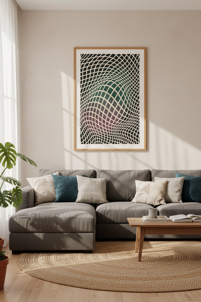Abstract Geometric Grid Wall Art | Emerald &amp; Purple Op Art Print | Modern Home Decor