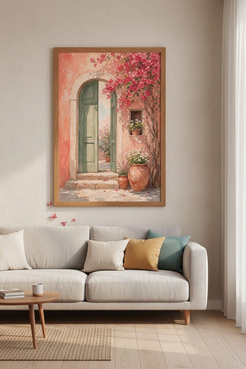 Mediterranean Doorway Wall Art | Pink Bougainvillea Print | Coastal Summer Poster