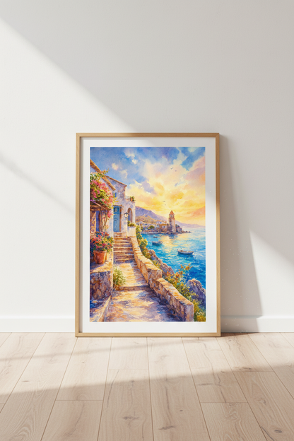 Mediterranean Coastal Village Art | Watercolor Sunset Print, Greek Island Decor