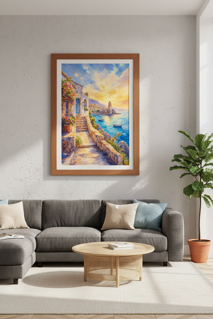 Mediterranean Coastal Village Art | Watercolor Sunset Print, Greek Island Decor