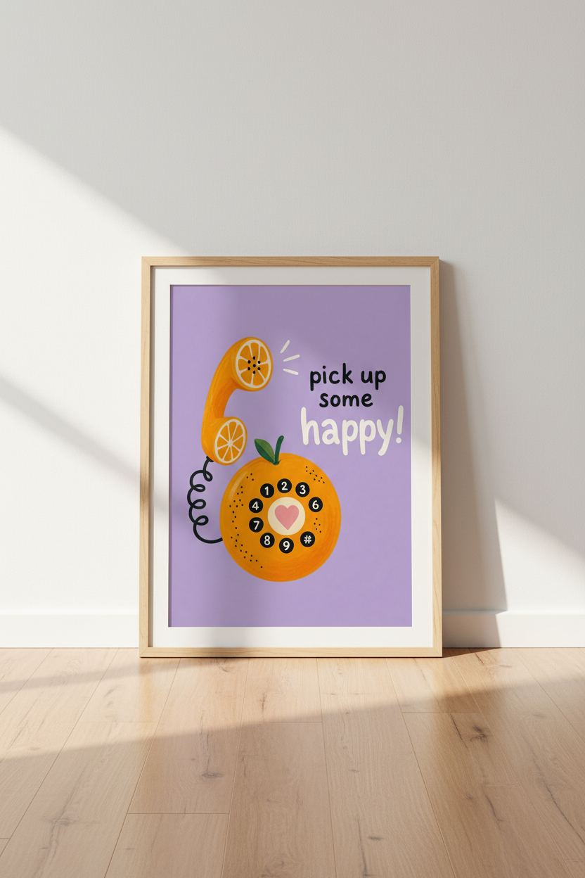 Orange Fruit Telephone Wall Art | Retro Purple Kitchen Decor | Happy Quote Poster