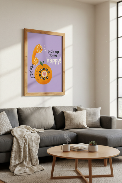 Orange Fruit Telephone Wall Art | Retro Purple Kitchen Decor | Happy Quote Poster