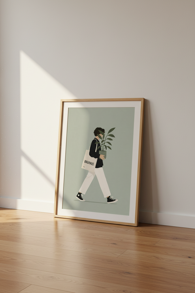 Bauhaus Girl with Plant Wall Art | Sage Green Minimalist Poster | Modern Apartment Decor