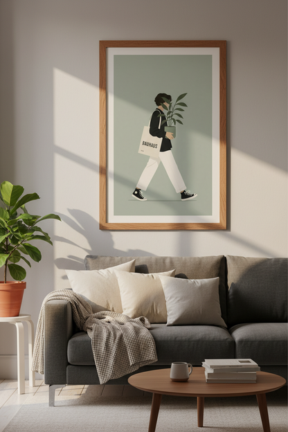Bauhaus Girl with Plant Wall Art | Sage Green Minimalist Poster | Modern Apartment Decor