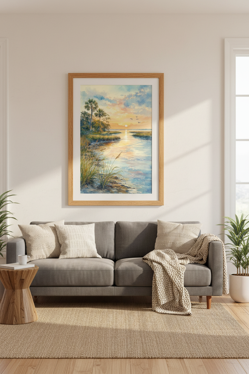 Tropical Coastal Sunset Watercolor | Beach House Decor | Serene Palm Tree Poster