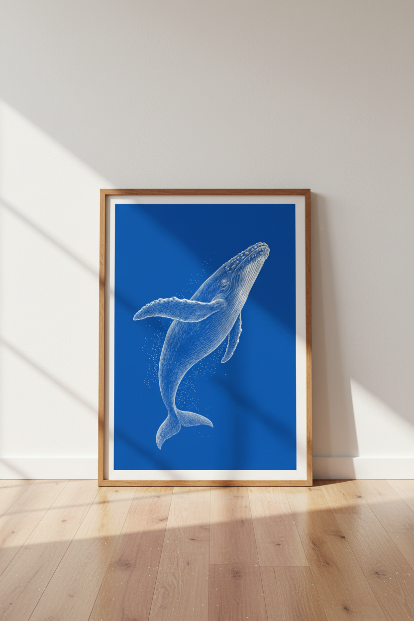 Humpback Whale Blueprint Art | Blue &amp; White Nautical Print, Coastal Decor